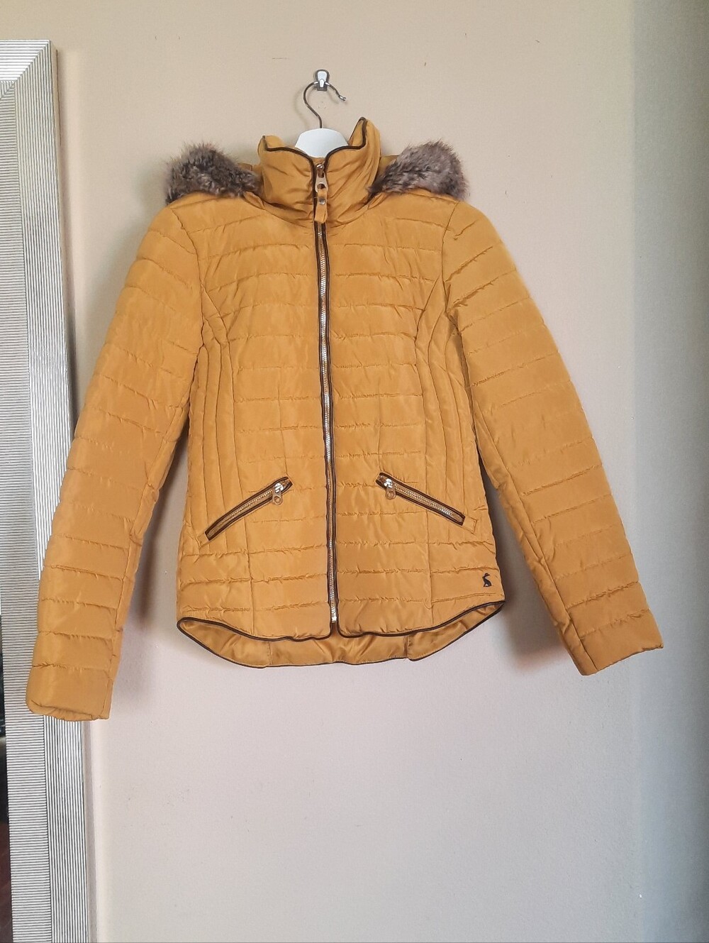 Joules Mustard Quilted Puffer Jacket with Faux Fur Hood With Detachable Hood